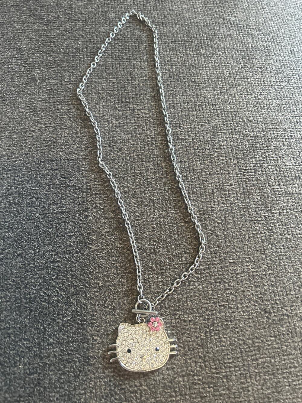 Hello Kitty Silver Pink Tone "Love" Chain Pendant Fun 12 Inch Metal Necklace